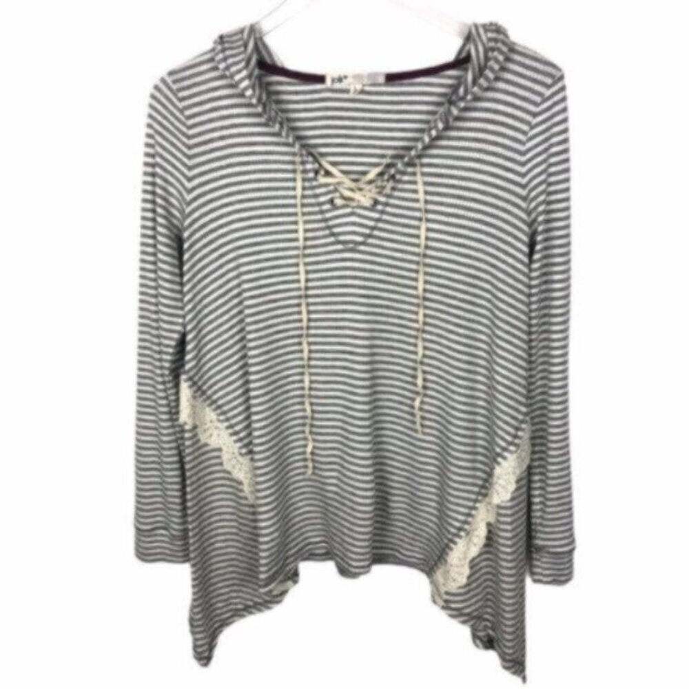 JOLT | Women's Grey & Cream Long Sleeves Pop-Over Style Stripe Hoodie Size Large